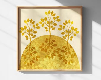 Muurkunst gouden levensboom – Minimalistisch natuurmuurdecor, modern landschapsillustratie