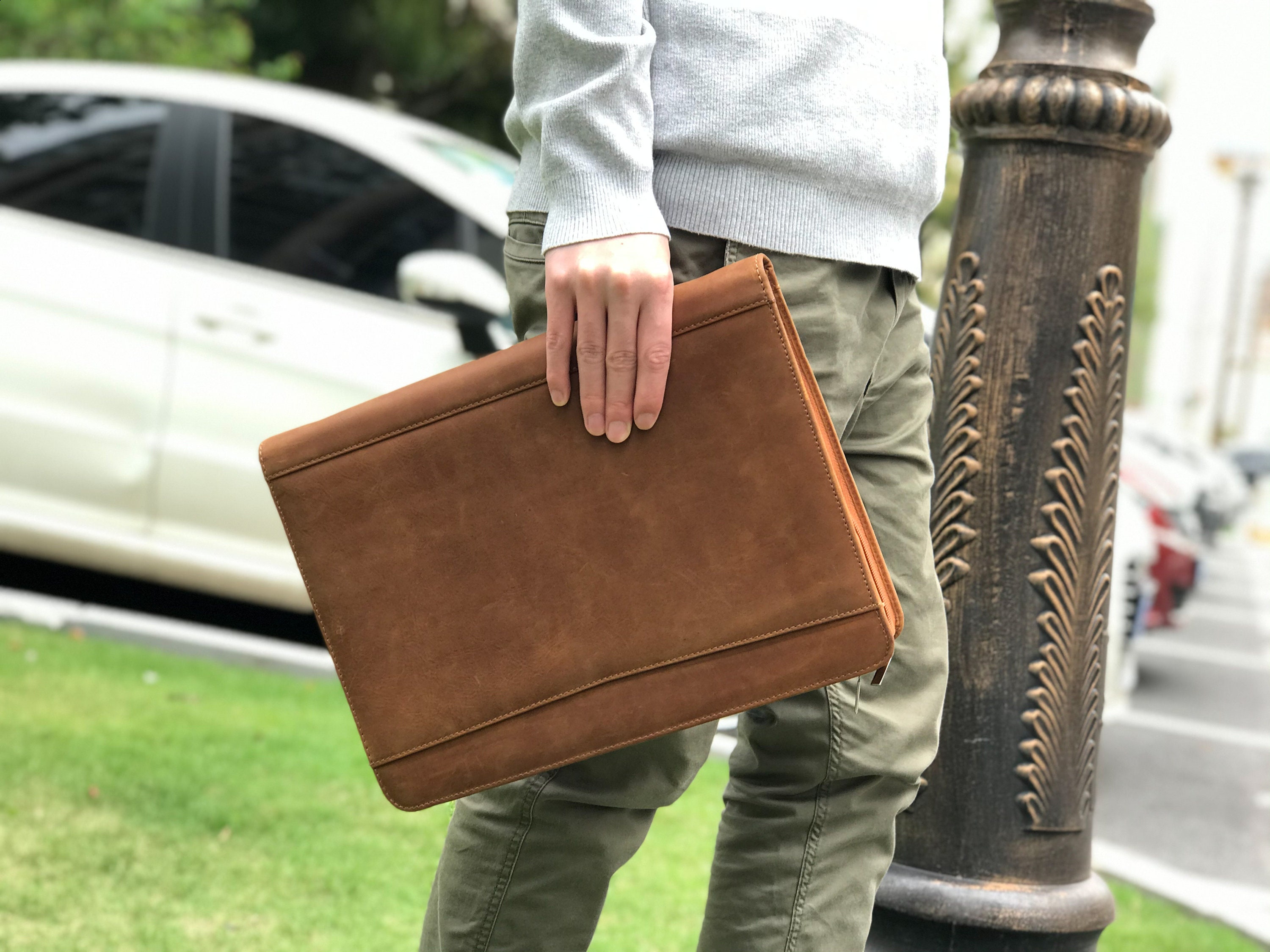 Genuine leather portfolio zipper business organizer padfolio etsy