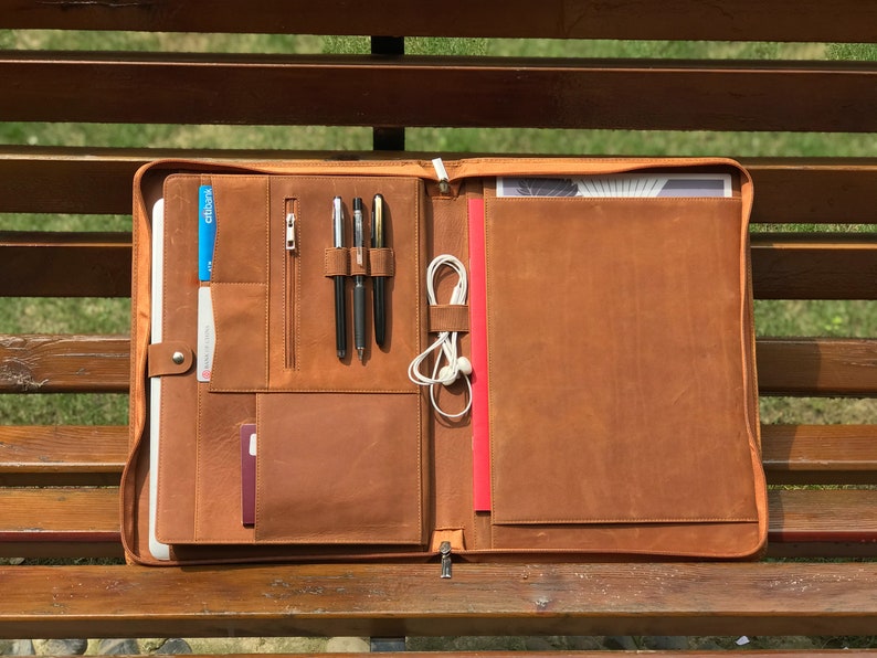 Genuine Leather Portfolio Zipper Business Organizer Padfolio Etsy