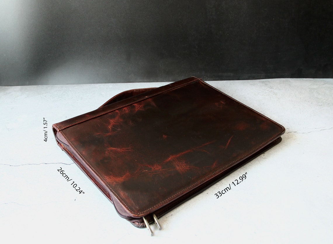 Vintage Personalised Leather Portfolio With Handle Zipper Etsy