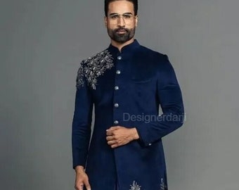 DesignerDarji Sherwani for Men Blue Velvet Elegant Work Groom Wedding Reception Outfit ethnic Wear festival and functions.