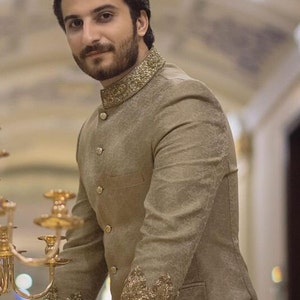 DesignerDarji Indian Designer Mens Beige Royal Wedding Wear Bandhgala Jodhpuri Coat Pant Suits Plus Size Available image 3