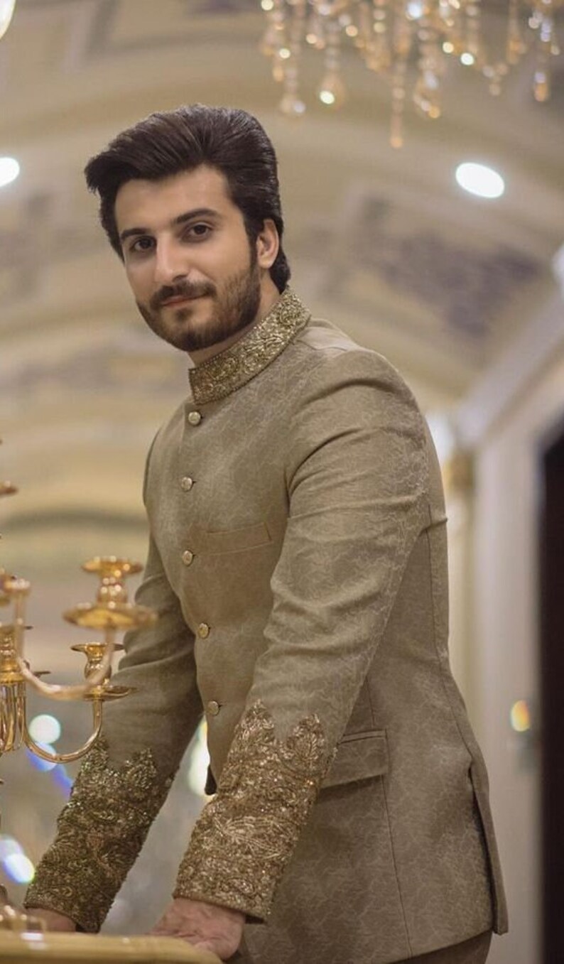 DesignerDarji Indian Designer Mens Beige Royal Wedding Wear Bandhgala Jodhpuri Coat Pant Suits Plus Size Available image 3