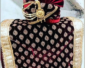 Traditional Indian Royal Ethnic Wedding Velvet Pagdi and stole Royal Wedding Turban & Stole/Dupatta accessories for groom sherwani dupatta