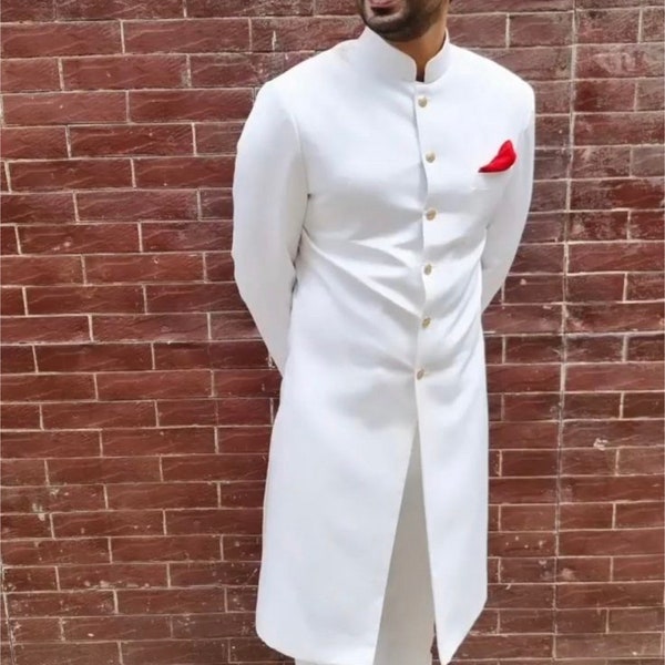 Sherwani for Men Pure White Sherwani With White Mojari Designer Prelish Indo Western For wedding reception festival and functions.