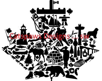 Puede incluir: Silueta en blanco y negro de una hoja de arce llena de varios iconos canadienses, incluyendo un castor, un alce, un palo de hockey, un iglú, y mucho más. El texto "Catspaws Designs...sw" está en la parte superior de la imagen.