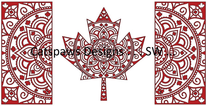 Puede incluir: Un dise&ntilde;o de mandala rojo y blanco en forma de hoja de arce canadiense. El dise&ntilde;o es intrincado y detallado, con un patr&oacute;n circular de hojas y flores.