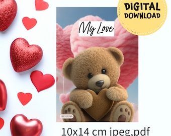 Teddy bear with heart Card / Happy Valentine's Day Printable Card / Instant Download PDF / Card Template