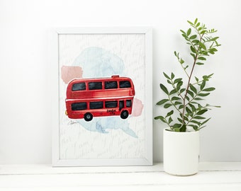London Bus Watercolor Print: Retro Kids Wall Art (Digital Download)