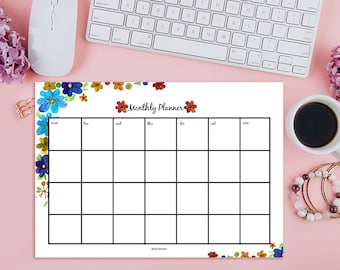 Undated Monthly Planner Printable Landscape,Monday & Sunday Start,Ink Friendly Minimalist Design