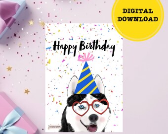 Dog Birthday Card: Husky with Party Hat (Digital Download)