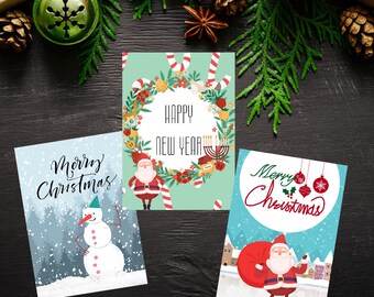 Merry Christmas Card, Birthday card to download  Set of 3,Digital Merry Christmas Cards,7x5 inch cards
