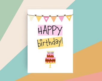 Printable Birthday Card | Cute Cake Illustration | Instant Download | Digital Greeting Card