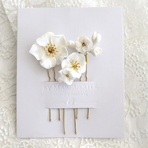 Set of 3 "Isabella" hairpins, white flowers, porcelain flowers, wedding hairstyle accessory, wedding bun picks