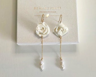 "Dangling Rosa" earring, 14k Gold filled, Freshwater pearl, Porcelain
