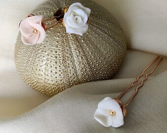 "Flora" porcelain flower hairpin, pink gold, yellow gold, wedding hair accessory, wedding bun picks