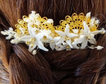 "Jasmine" wedding dried flower comb, white porcelain flowers, wedding hair accessory, gold and white