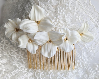 Peigne à cheveux "Garance", bijou de cheveux mariage Blanc et or