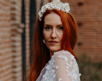 "Diane" tiara, asymmetrical porcelain flower crown, bridal headpiece