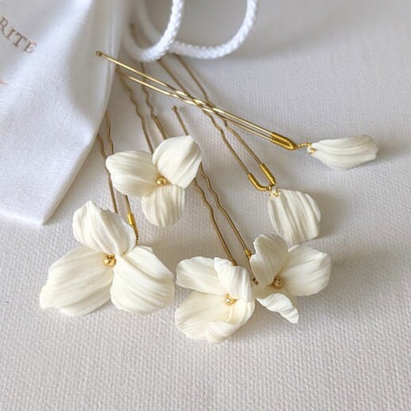 "Garance" hairpins, porcelain flowers, wedding hairstyle accessory, wedding bun picks