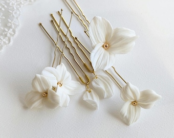 Epingles à cheveux "Garance", fleurs de porcelaine, accessoire coiffure mariage, pics à chignon mariage