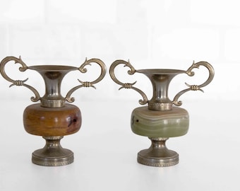 Vintage Miniature Brass Onyx Urn Vase Neoclassical Empire Style Decorative Mantel Shelf Accent