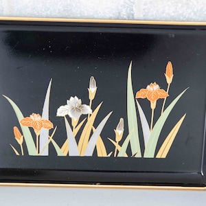 2 Vintage MCM Lacquered Gold Black Iris Otagiri Japan tray 8.25 in wide