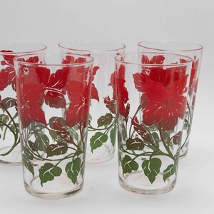 Set of 5 Midcentury juice glasses with red flowers and green leaves