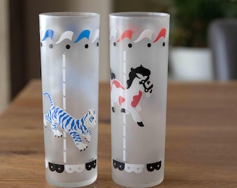 Frosted Safari Highball Glasses Pair, Vintage Animal Tumblers, Retro Barware
