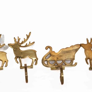 Vintage Brass Stocking Holders made in India Christmas Tree, 1 sled, 3 reindeer,   Heavy Solid Brass