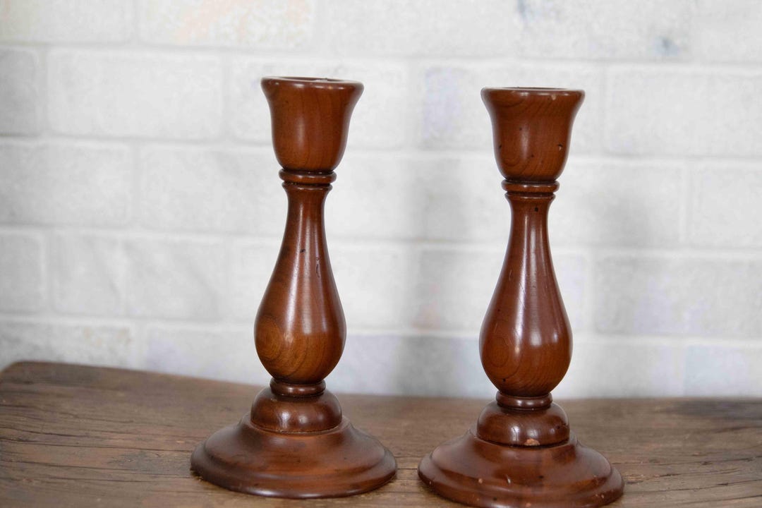 Vintage Mid Century Wooden Turned Candlestick Holders Taper Candle Set ...