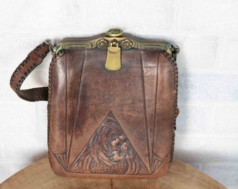 Vintage/Antique  Hand tooled Brown Leather purse  and brass clasp Art Neuvo probably the 1920's