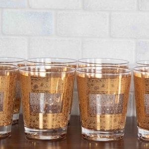 8 Vintage Kashmir Cocktail Glass by Irene Pasinski Mid-Century 22K embossed Excellent condition