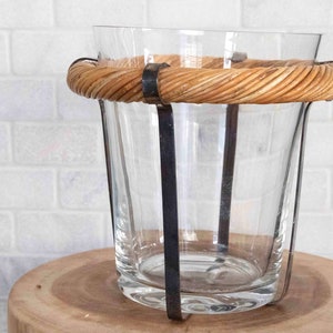 Vintage rattan,Clear glass, silver plate ice bucket, matching Mirror in another listing