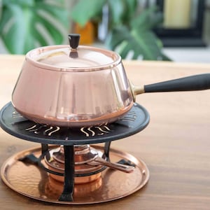 Mid Century Swiss Culinex Copper Fondue Pot with Stand & Teak Forks