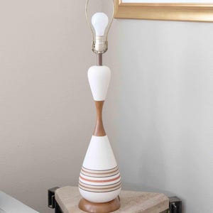 MCM Chalkware ceramic  and Teak Wood Table Lamp  1960&#39;s Danish Modern Striped