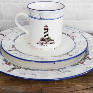 2 sets  Lighthouse dishes Beachy, sailboats, ocean  nautical theme set of dishes