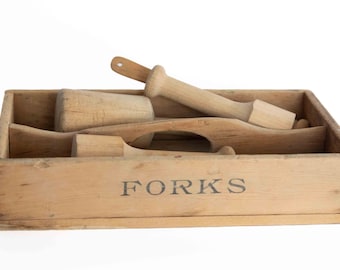 Vintage wooden cutlery box with wooden accessories Knife/fork, hammer See pictures