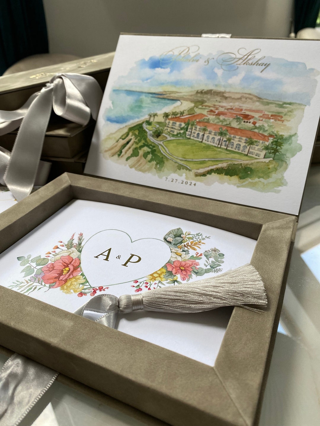 Luxury Boxed Wedding Invitations Grey Velvet Boxed Invite Laguna Beach ...