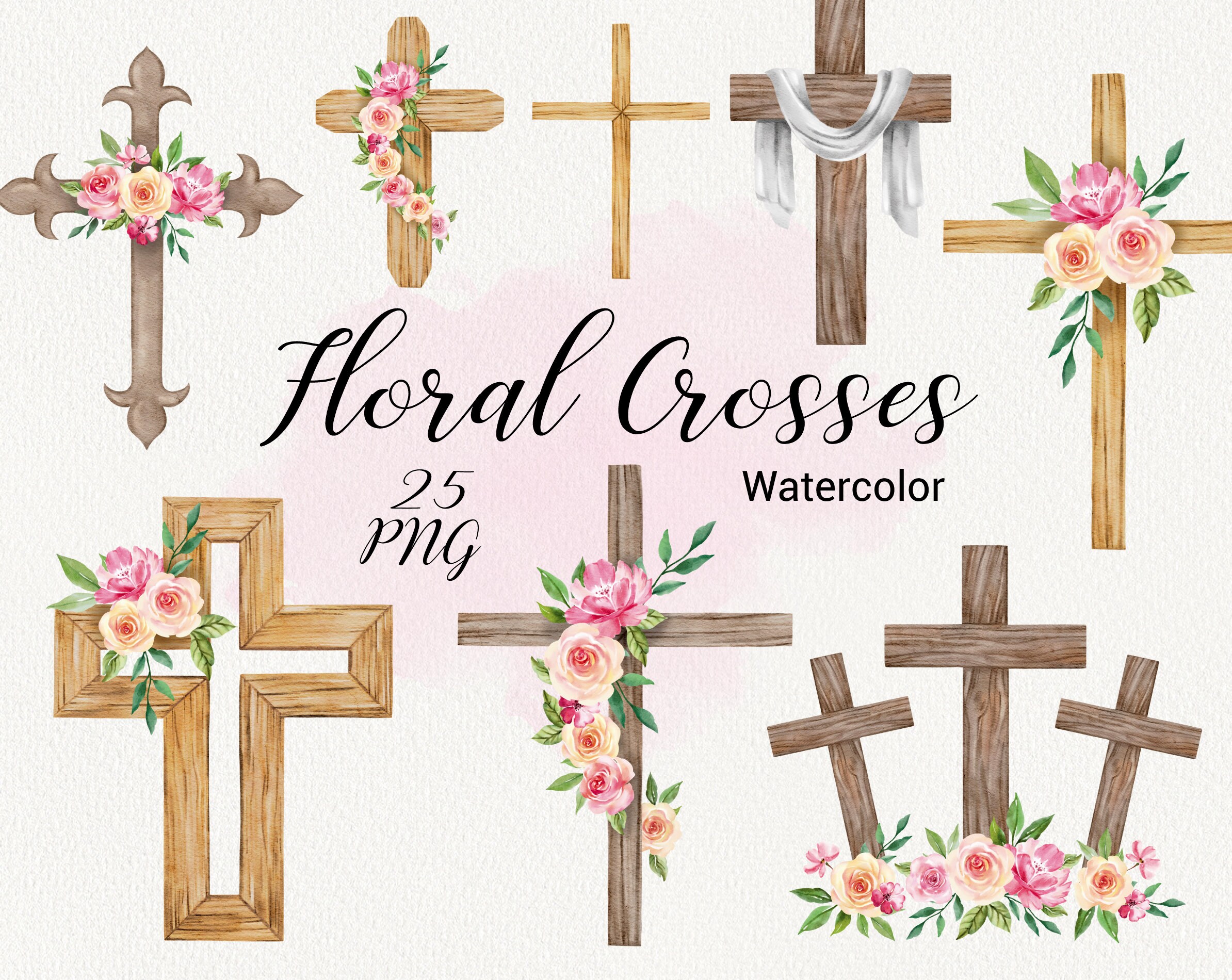 Watercolor Cross Clipart Easter wood crosses with flowers Etsy