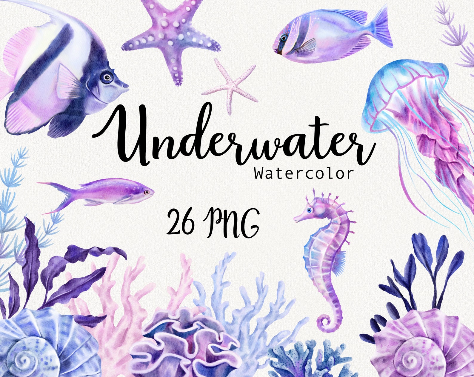 Watercolor underwater clipart Nautical clip art Sea life | Etsy