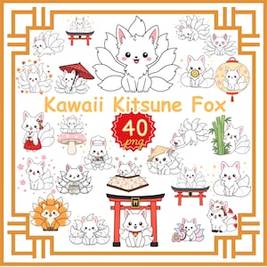 May include: A collection of kawaii Kitsune fox illustrations in various poses and settings. The image features a central fox with nine tails, surrounded by smaller foxes, Japanese architecture, and decorative elements. The text "Kawaii Kitsune Fox" and "40 png" are also included.