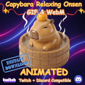 May include: Animated GIF of a capybara relaxing in an onsen. The capybara is light brown with a small orange fruit on its head, sitting in a wooden tub. The image includes the text "Capybara Relaxing Onsen GIF & WebM" and "Instant Download".