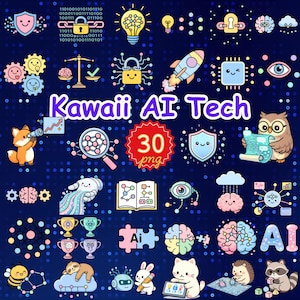 May include: A collection of cute, colorful digital illustrations with a tech theme. The image includes icons of brains, shields, locks, rockets, and an owl reading a scroll. Text includes "Kawaii AI Tech" and "30 png".