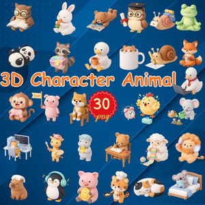 May include: A collection of 3D character animal figurines in various poses and activities. The figurines include an owl reading a book, a rabbit with a carrot, a bear reading, and a graduation owl. The image also includes the text "3D Character Animal" and "30 png".