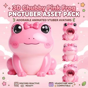 May include: A pink frog asset pack for PNGTuber avatars. The image features a large, 3D rendered frog with a bow, alongside three smaller versions. Text on the image reads "3D Chubby Pink Frog PNGTUBER ASSET PACK" and "Adorable Animated VTuber Avatars."