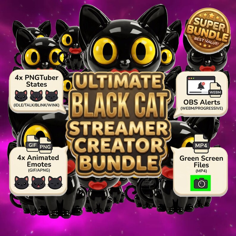 3D Glossy Black Cat Streamer Bundle, Kawaii Pngtuber Emotes OBS Alerts ...