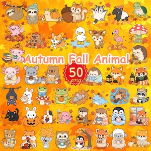 Op de afbeelding: Een verzameling van 50 digitale illustraties met diverse dieren in herfstinstellingen, waaronder luiaards, vossen, egels en kikkers, tegen een achtergrond van oranje esdoornbladeren met de tekst Autumn Fall Animal 50 png.