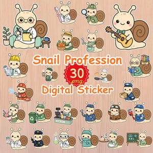 Puede incluir: Una colección de 30 pegatinas digitales con caracoles de dibujos animados en varias profesiones. Los caracoles se representan como médicos, chefs, bomberos, etc., con el texto "Snail Profession" y "Digital Sticker".