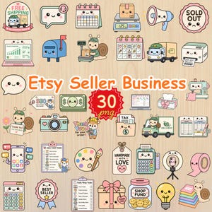 Könnte beinhalten: Eine Sammlung von 30 PNG-Digitalstickern mit dem Thema Etsy-Verkäufergeschäft. Die Sticker zeigen niedliche Illustrationen eines Laptops, Kalenders, Taschenrechners, einer Kamera und anderer geschäftsbezogener Symbole. Der Text "Etsy Seller Business" ist deutlich sichtbar.